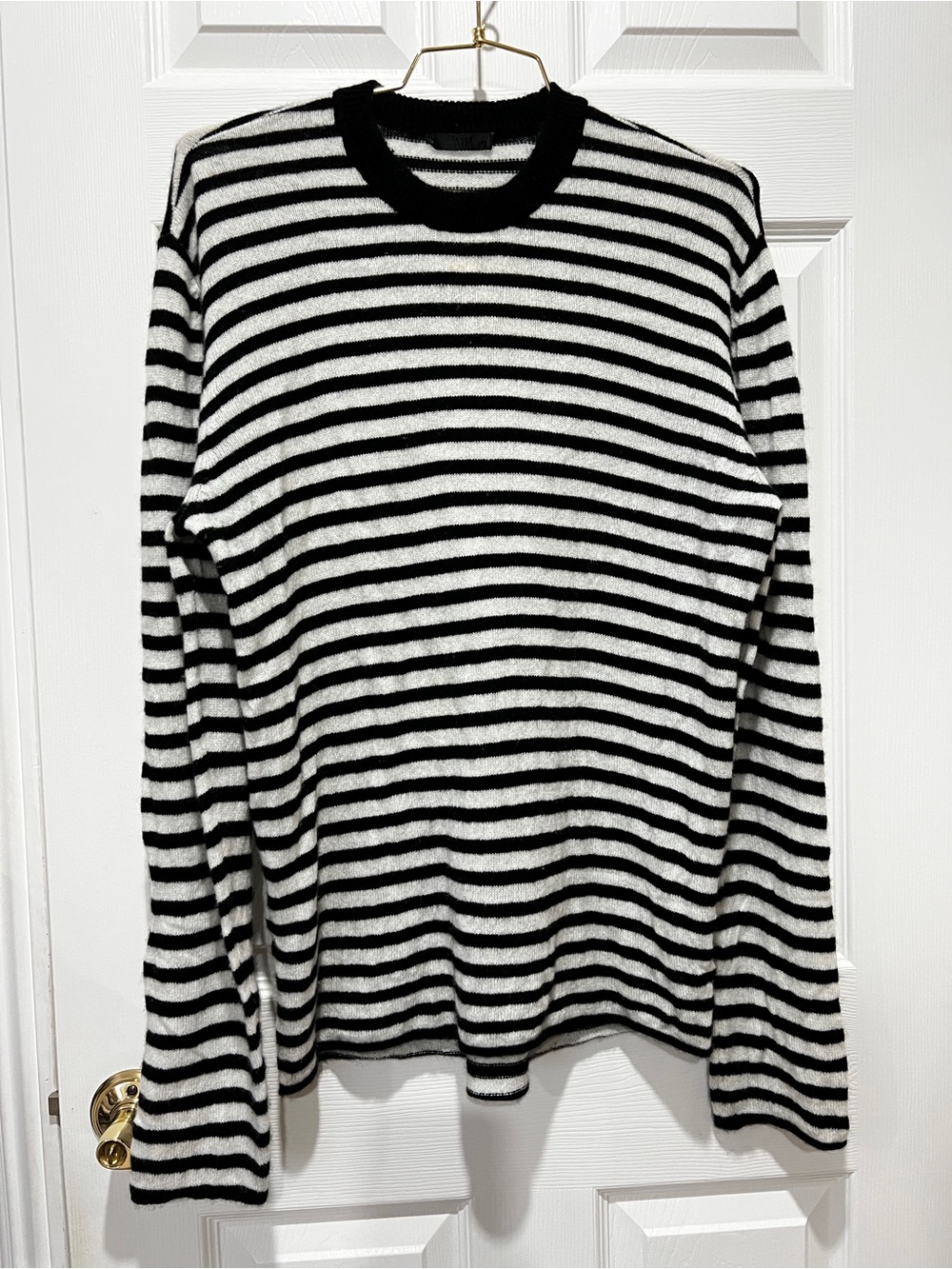 ATM 100% Cashmere Black/White Stripe Crew Sweater Anthony Thomas Melillo Large